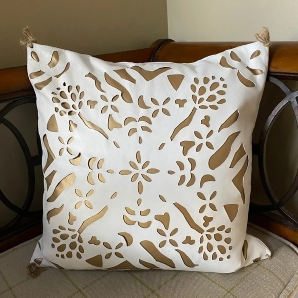 Anthropologie White Leather Gold Inlay Pillow